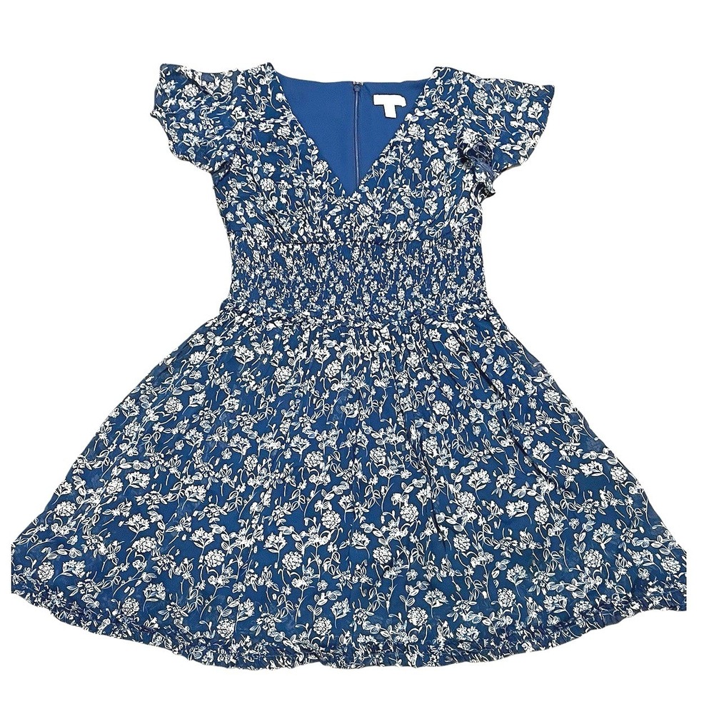 ML Monique Lhuillier Blue Floral Smocked Waist Flutter Sleeve Mini Dress 4 - Picture 2 of 7
